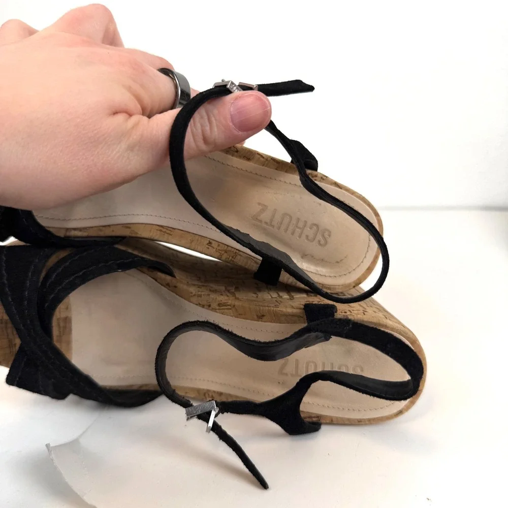 Schutz Black Suede Cork Platform Wedge Sandals Ankle Strap Womens Size 8.5